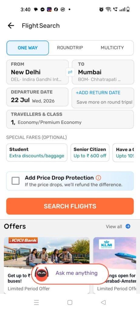 Goibibo flight search page featuring one-way, round-trip, and multicity booking options, departure and destination airports, travel date, passenger details, special fare categories, price protection, and the Search Flights button.