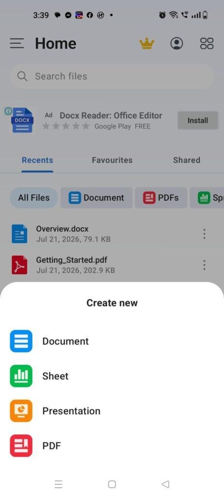 MobiOffice app displaying the Create New menu with options to create a Word document, spreadsheet, presentation, or PDF, while recent office files are visible in the background.