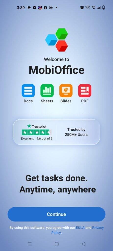 MobiOffice app welcome screen featuring document, spreadsheet, presentation, and PDF editing tools, with a Trustpilot rating and productivity features for mobile devices.