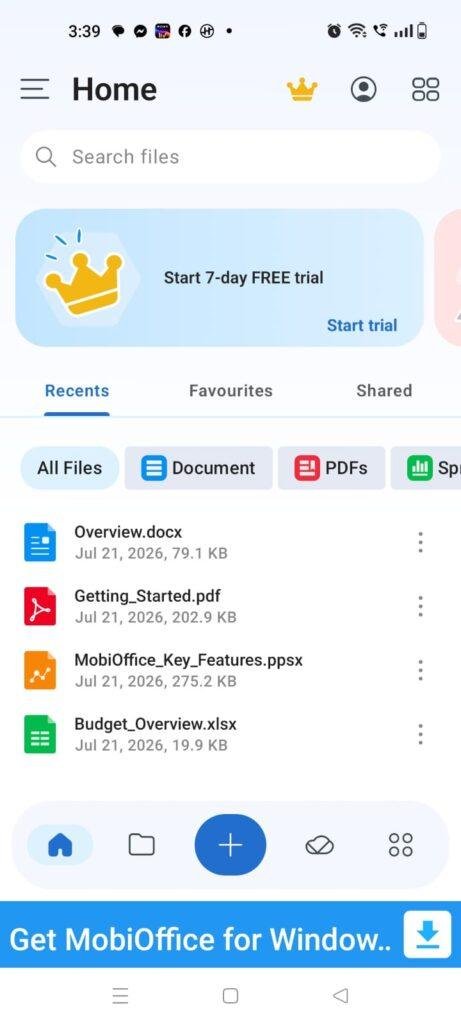 MobiOffice home screen displaying recent files, document categories, search bar, cloud storage options, and mobile office productivity tools for managing Word, PDF, Excel, and presentation files.
