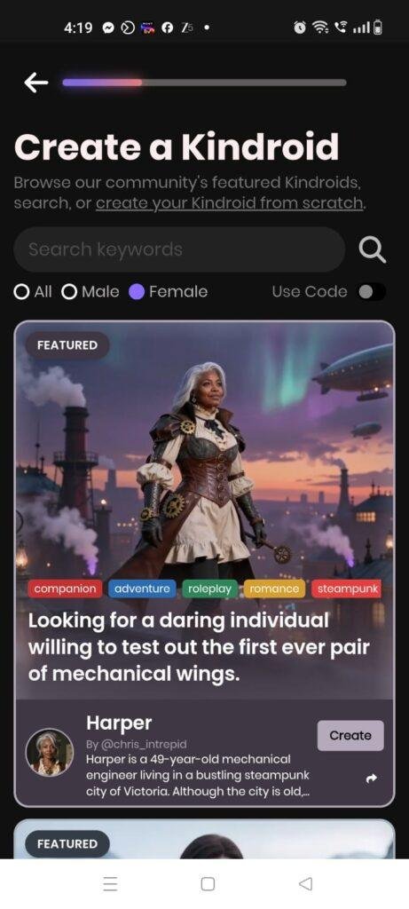 Kindroid app showing the "Create a Kindroid" page 