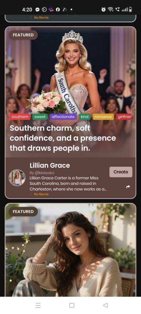 Kindroid app featuring AI companion profiles