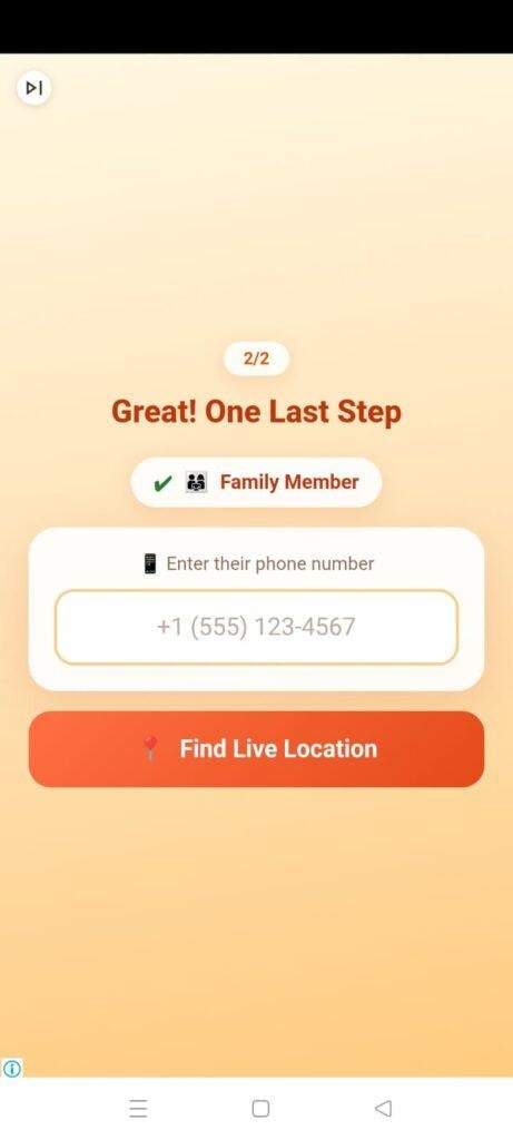 live location finder app prompting users to enter a family member's phone number to request live location tracking.