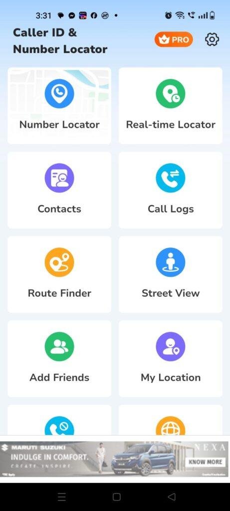  Caller ID & Number Locator app home screen featuring number lookup, real-time location tracking, contacts, call logs, route finder, street view, add friends, and my location tools.