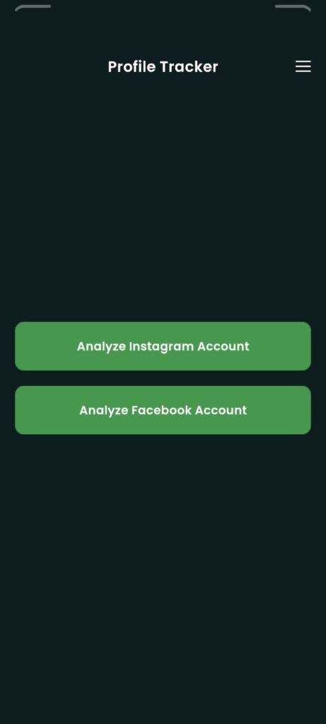 Profile Tracker app home screen with options to analyze Instagram and Facebook accounts for profile insights and activity tracking.