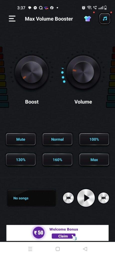 Max Volume Booster app interface with boost and volume control knobs, preset volume levels, media playback controls, and speaker sound enhancement options.