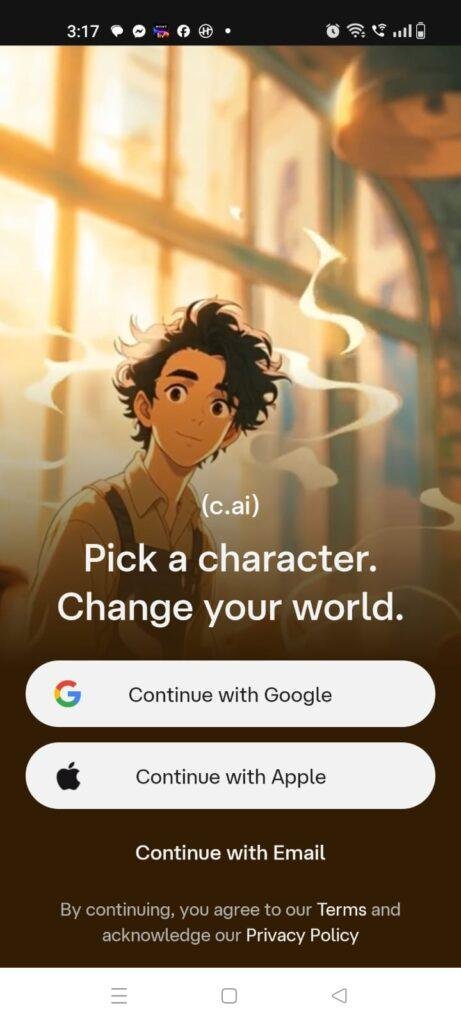 Character.AI app login screen featuring Google, Apple, and email sign-in options for chatting with AI characters on Android.