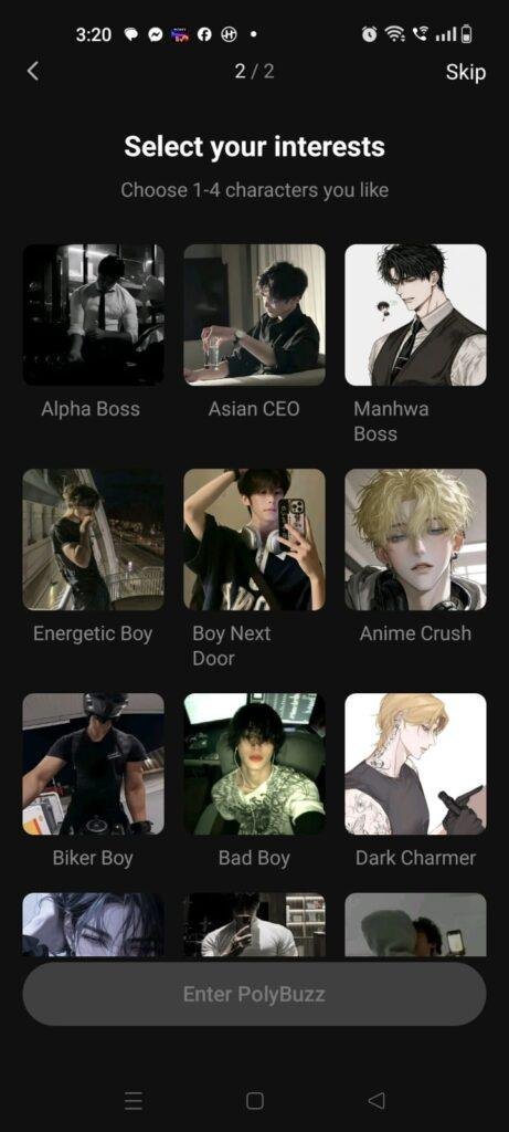 PolyBuzz AI chat app interest selection screen allowing users to choose AI character types and personalized chat preferences.