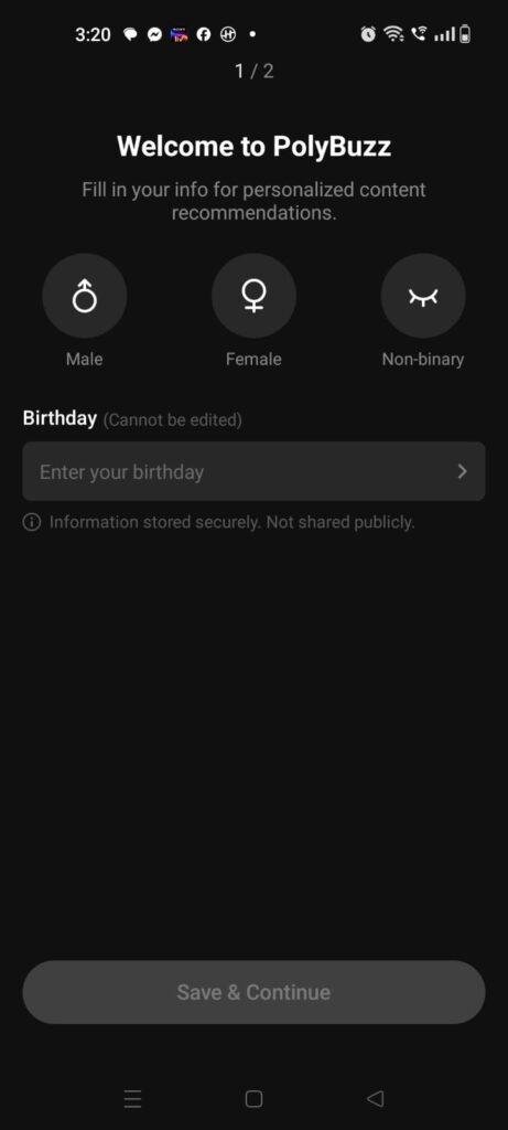 PolyBuzz AI app welcome screen with gender selection, birthday input, and profile setup for personalized AI character recommendations.