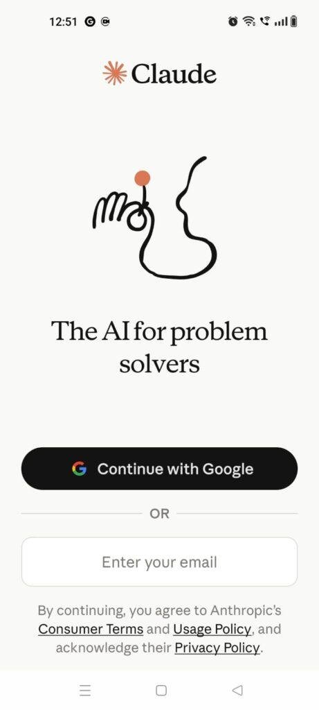 Claude AI app welcome screen featuring Google sign-in, email login, and access to Anthropic's AI assistant for problem solving.