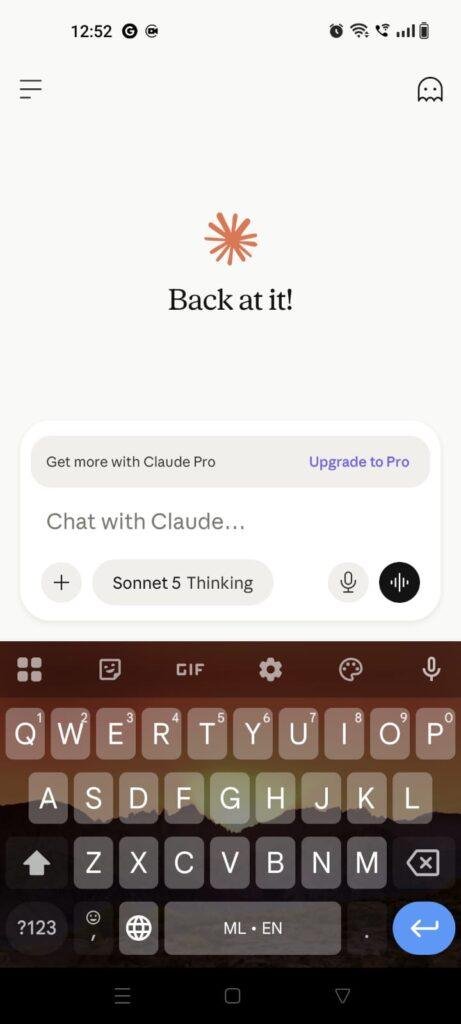 Claude AI chatbot app interface showing the chat screen, Sonnet 5 Thinking model, voice input, and text messaging options on Android.