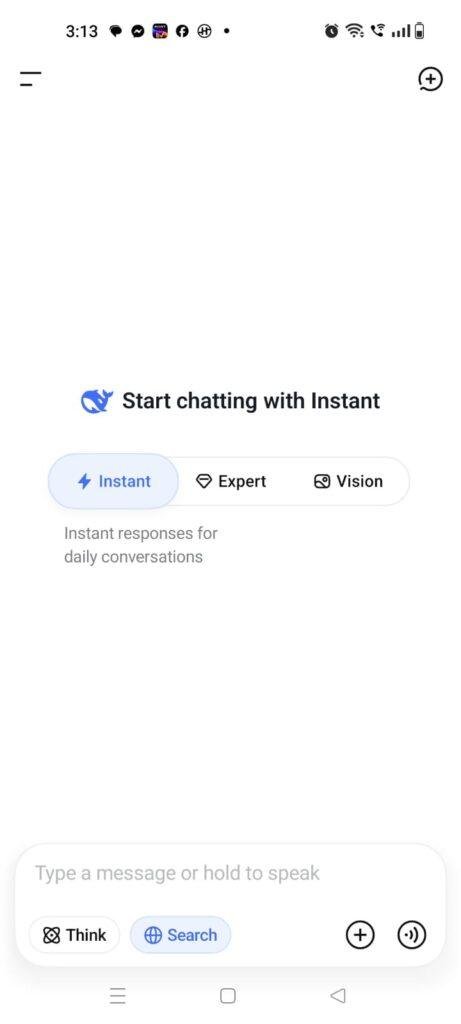 DeepSeek AI chatbot app interface showing Instant, Expert, and Vision AI modes with search, voice input, and message options on Android.