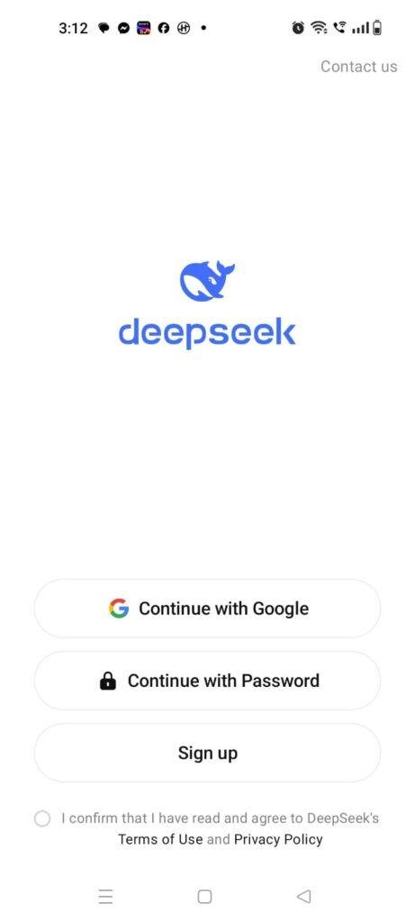 DeepSeek AI app login screen featuring Google sign-in, password login, account registration, and terms of use on Android.