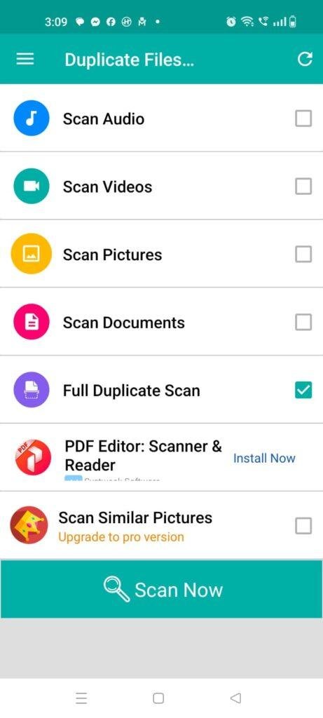 Duplicate Files Fixer app home screen showing options to scan duplicate audio, videos, pictures, documents, and storage files on Android.