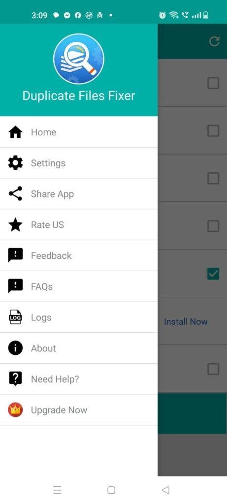 Duplicate Files Fixer app navigation menu with settings, logs, feedback, FAQs, app sharing, and duplicate file management options.