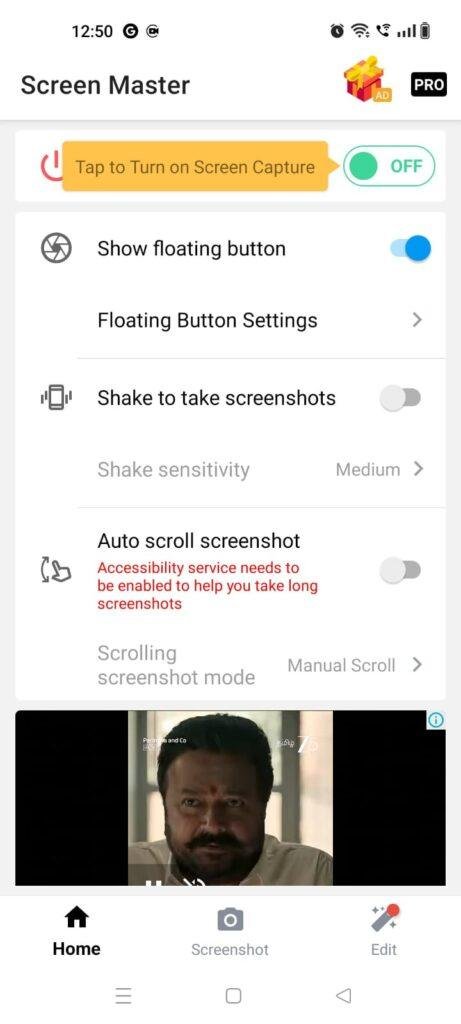 Screen Master screenshot app home screen showing screen capture, floating button, shake-to-screenshot, and scrolling screenshot settings on Android.