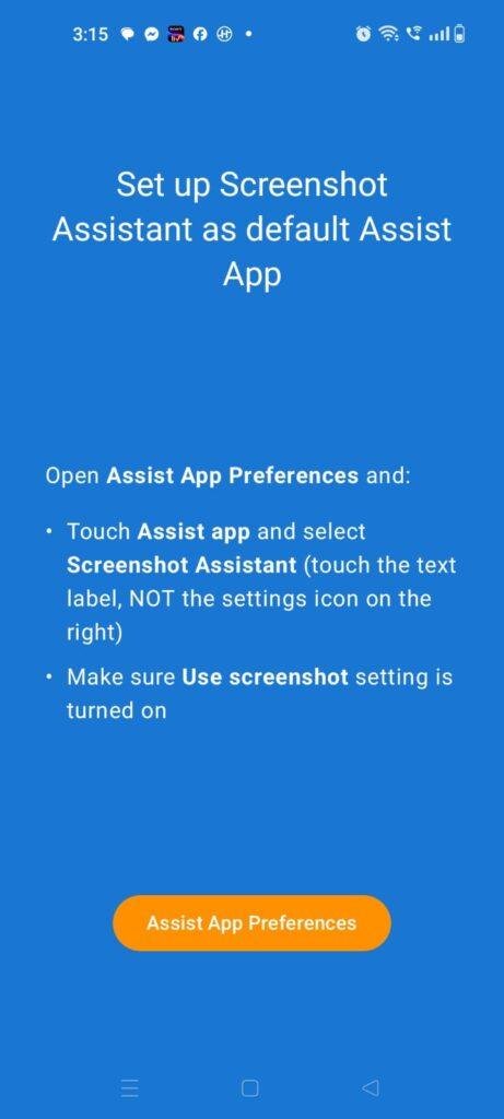 Screenshot Assistant Android setup screen showing instructions to set Screenshot Assistant as the default assist app for quick screenshot capture.