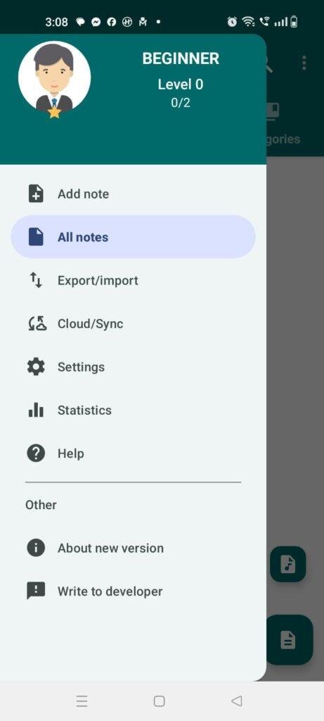Voice Notes app side menu displaying note management, cloud sync, export, settings, reminders, statistics, and backup options on Android.