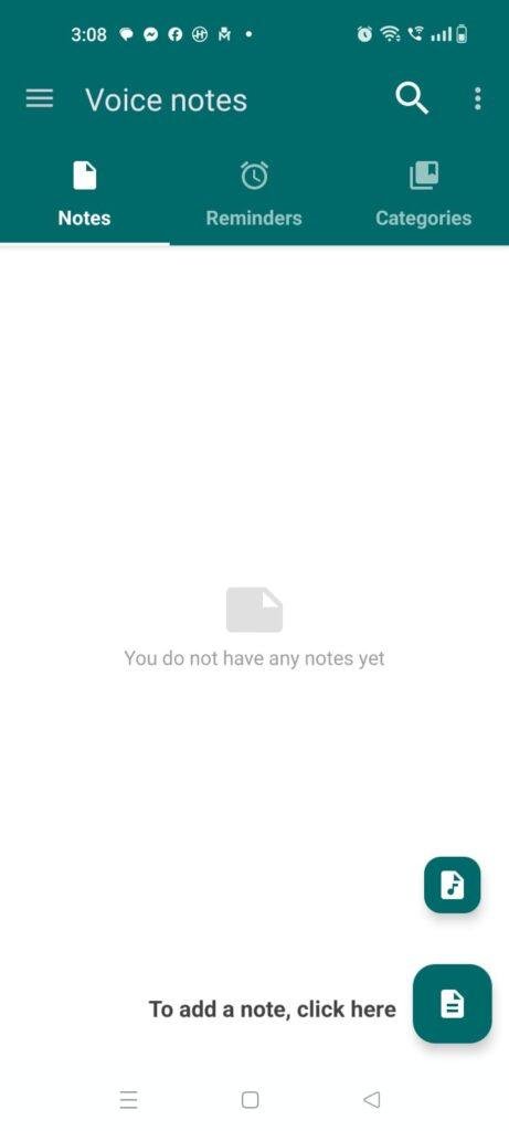 Voice Notes app home screen showing notes, reminders, categories, voice recording, and text note creation options on Android.