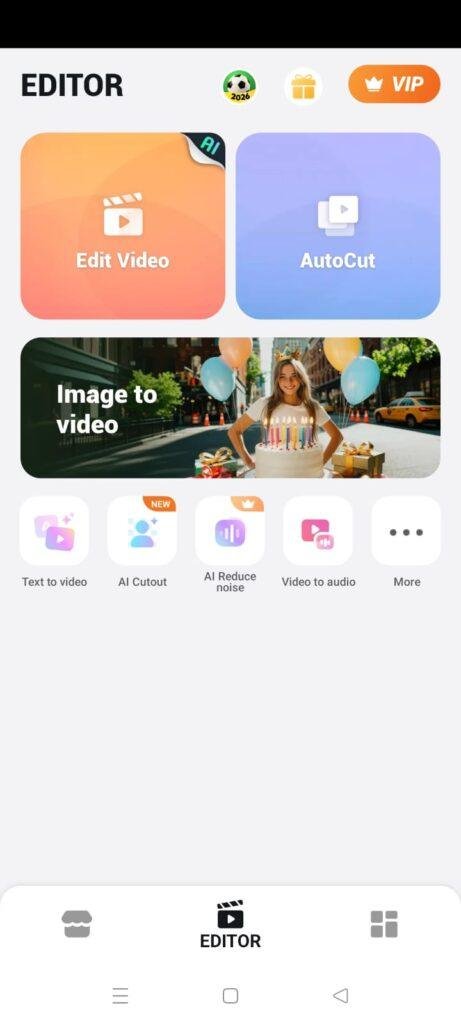 The primary editor dashboard screen of the VideoShow mobile app featuring large prominent buttons for 'Edit Video', 'AutoCut', and an 'Image to video' banner layout. The lower grid section displays additional quick utility shortcut icons including Text to video, AI Cutout, AI Reduce noise, and Video to audio.