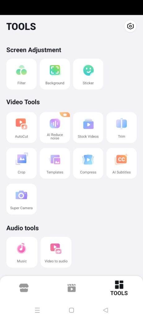 The dedicated tools directory interface inside the VideoShow mobile application, organized into separate category blocks. The screen displays grids of Video Tools, and Audio tools, showcasing features like Filter, Trim, Compress, and Video to audio.