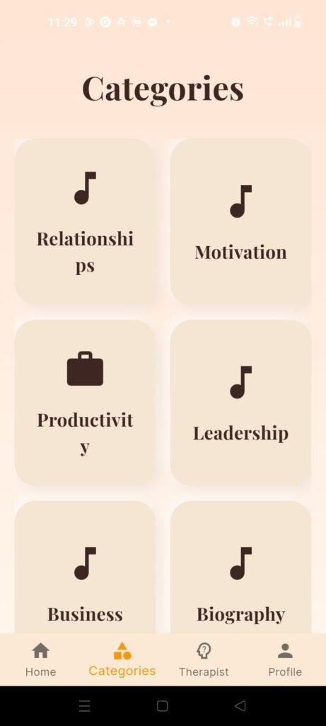 Dhwani Malayalam audiobook app categories screen featuring Relationship, Motivation, Productivity, Leadership, Business, and Biography audiobooks.