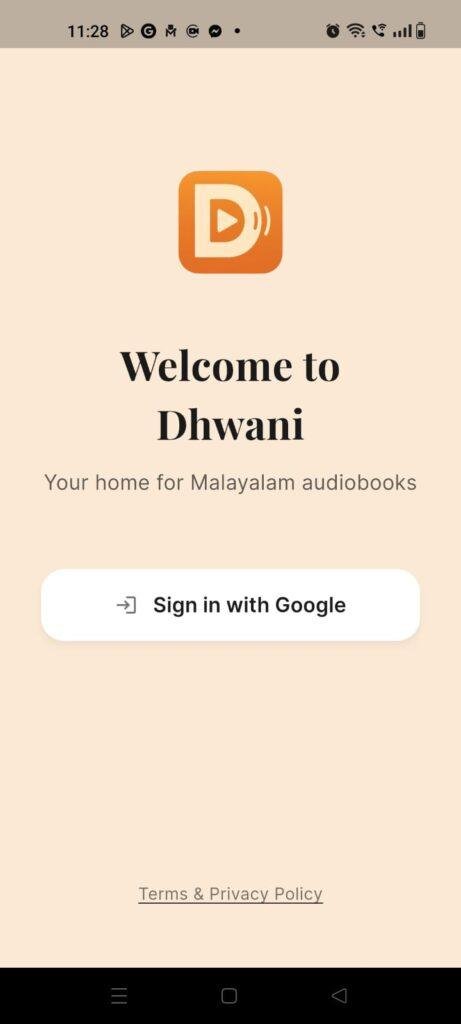 Dhwani Malayalam audiobook app welcome screen with Google sign-in option for accessing Malayalam audiobooks.