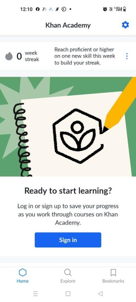 The home splash page of the Khan Academy mobile app. The layout prompts a call-to-action message reading 'Ready to start learning?' and a prominent blue 'Sign in' button