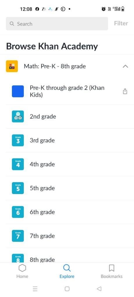 The 'Browse Khan Academy' search and menu interface on a mobile app screen displaying a list of math options from Pre-K up to 8th grade. A vertical column organized headings for different class levels including 2nd grade through 8th grade.
