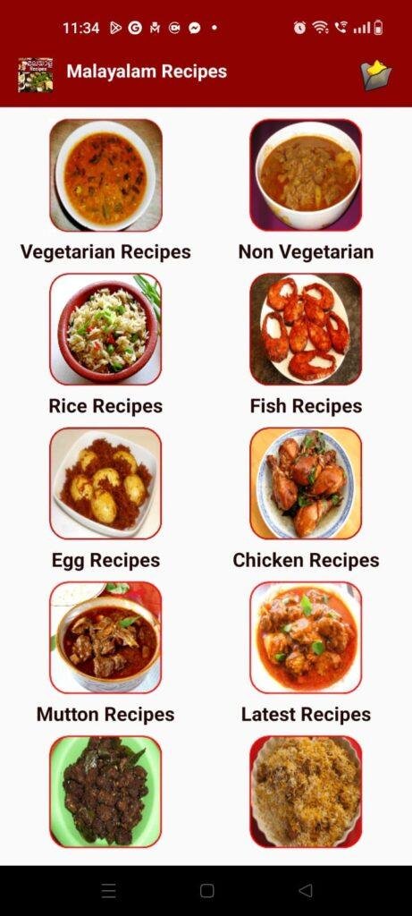 Malayalam Recipes app home screen displaying recipe categories including vegetarian, non-vegetarian, rice, fish, egg, chicken, and mutton recipes.