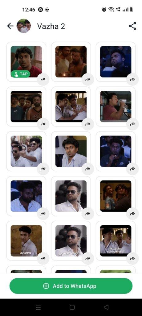 WhatsApp sticker app displaying the Vazha 2 Malayalam movie sticker pack with funny reaction stickers and an Add to WhatsApp button.
