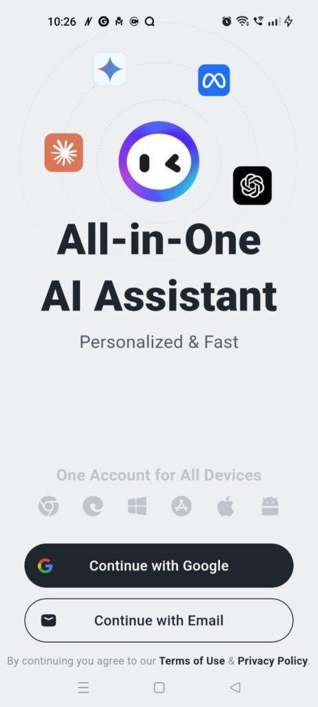 Monica AI login screen with Google and Email sign-in options 