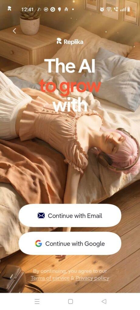 Replika AI companion app welcome screen with email and Google sign-in options for creating a personalized AI chatbot.