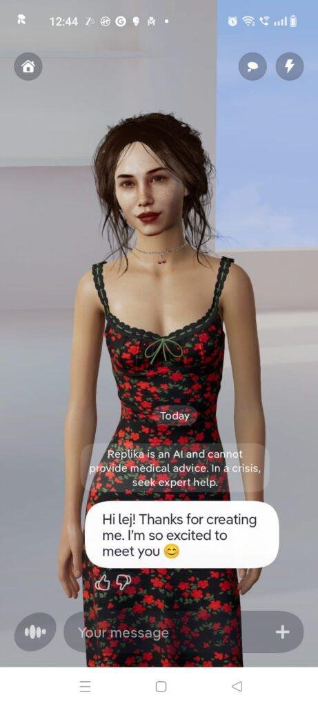 Replika AI companion app chat screen showing a 3D AI avatar, welcome message, and messaging interface for virtual conversations.