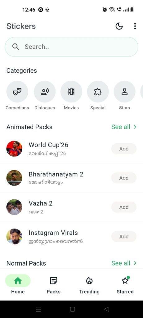 WhatsApp sticker app home screen featuring animated sticker packs, Malayalam sticker categories, search, trending packs, and Add to WhatsApp options.