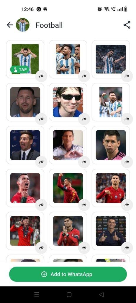 WhatsApp sticker app showing a football sticker pack featuring popular football player reaction stickers and Add to WhatsApp option.