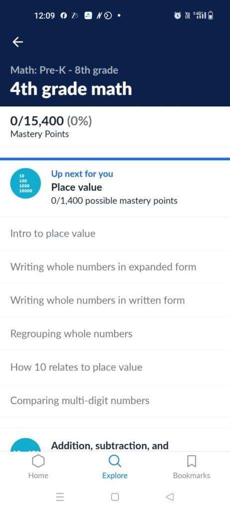 A detailed course directory screen for 4th-grade math inside the Khan Academy mobile interface. The panel displays a progress tracker showing 0 out of 15,400 mastery points alongside a breakdown of upcoming lesson topics like 'Intro to place value' and 'Writing whole numbers in expanded form.