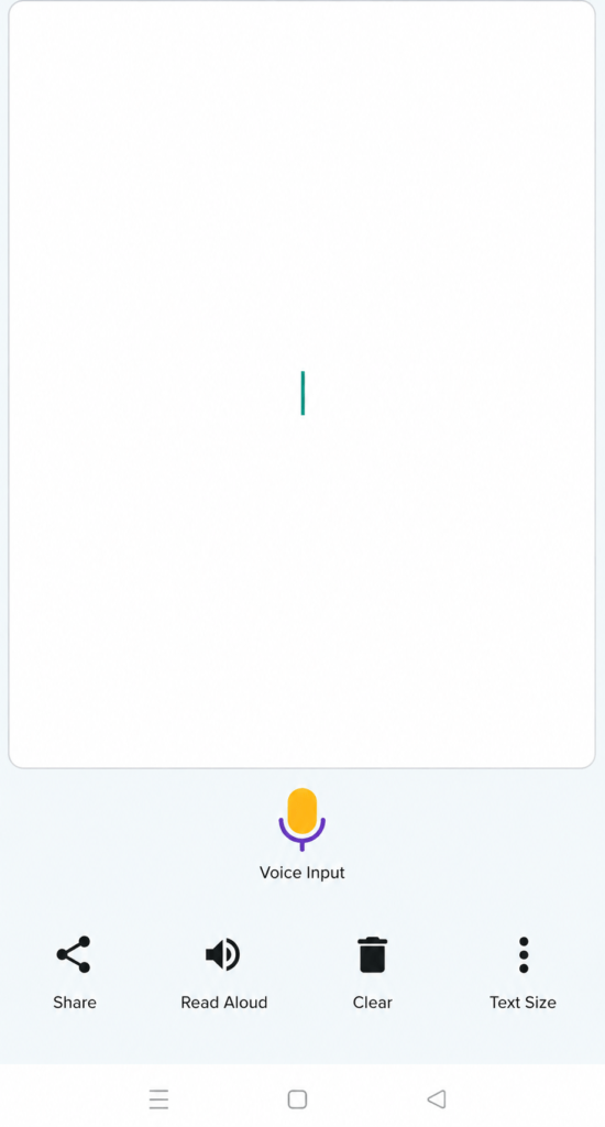 Smartphone user interface showcasing a modern Malayalam voice typing screen layout. The app panel highlights a central voice input microphone alongside helpful utility tools for text editing and accessibility controls.