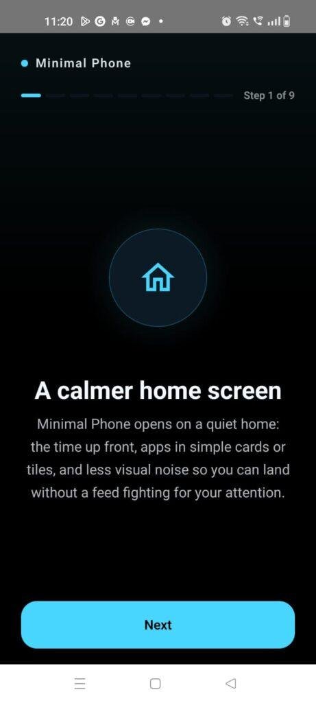 Minimal Phone launcher onboarding screen explaining a calmer home screen with a distraction-free interface and simple app tiles on Android.