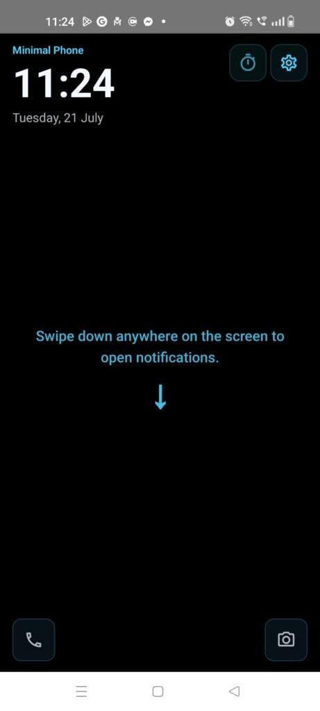 Minimal Phone Android launcher showing a distraction-free home screen with notification gesture instructions.