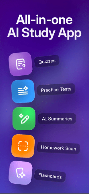 All-in-one AI study app featuring quizzes, practice tests, AI summaries, homework scanner, and flashcards.