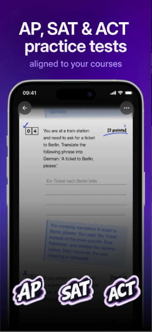 AI study app showing AP, SAT, and ACT practice tests with exam-style questions and instant feedback.